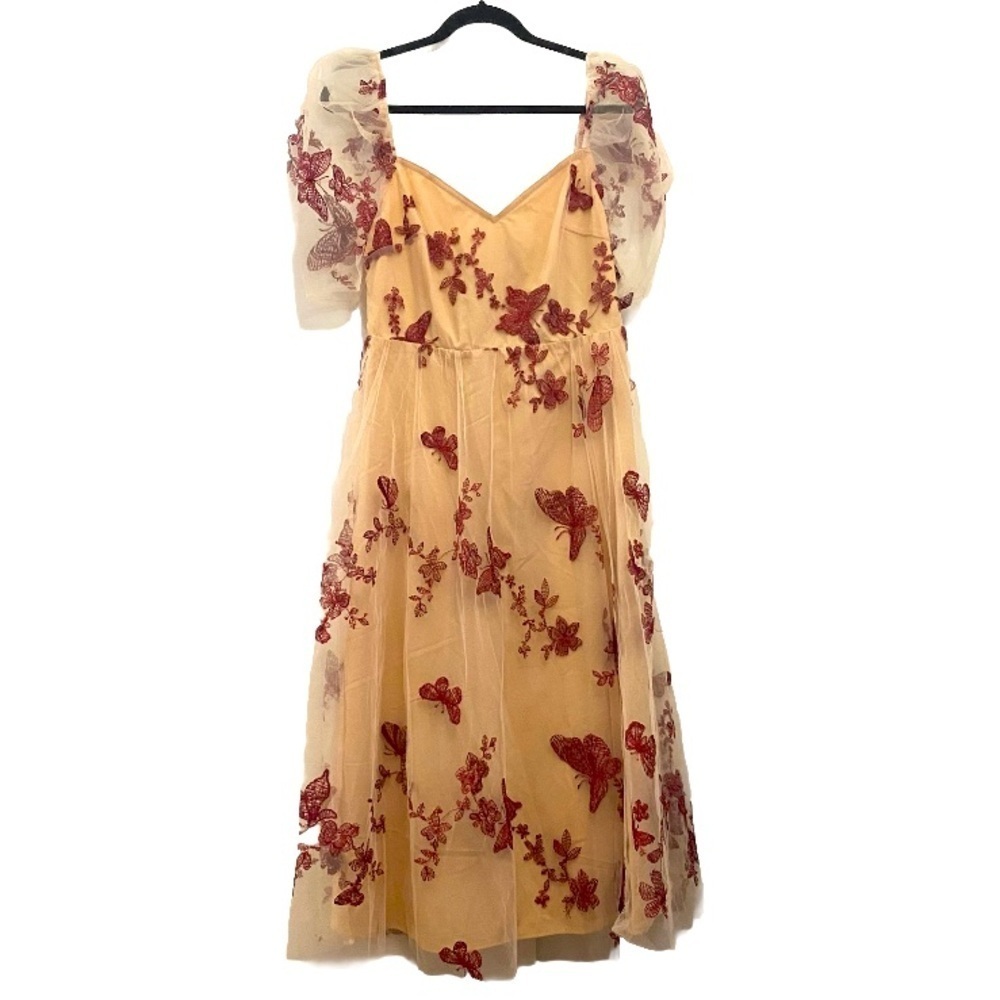 Double Crazy women cream burgundy butterfly bohemian prairies fairycore dress L